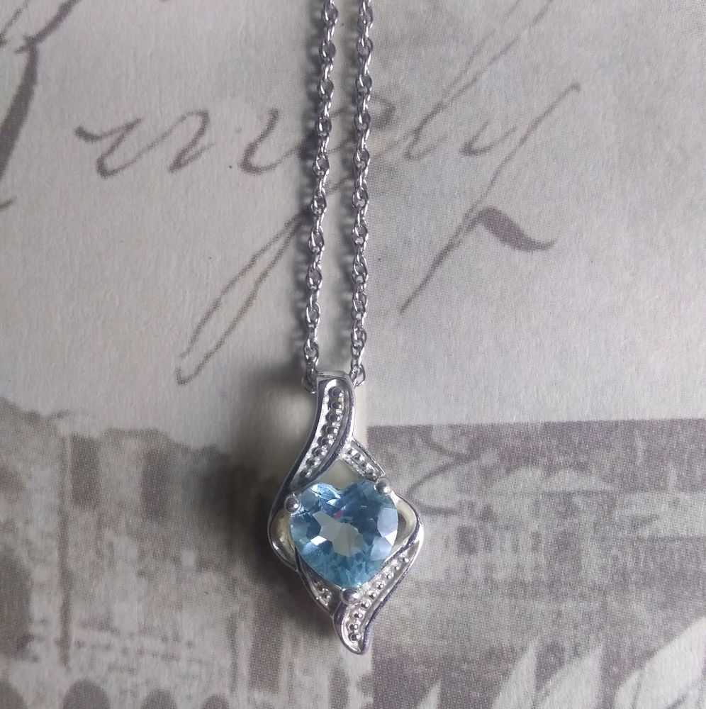 .925 Sterling Silver Aquamarine Heart 💙 Pendant & 18" Sterling  Cable Chain